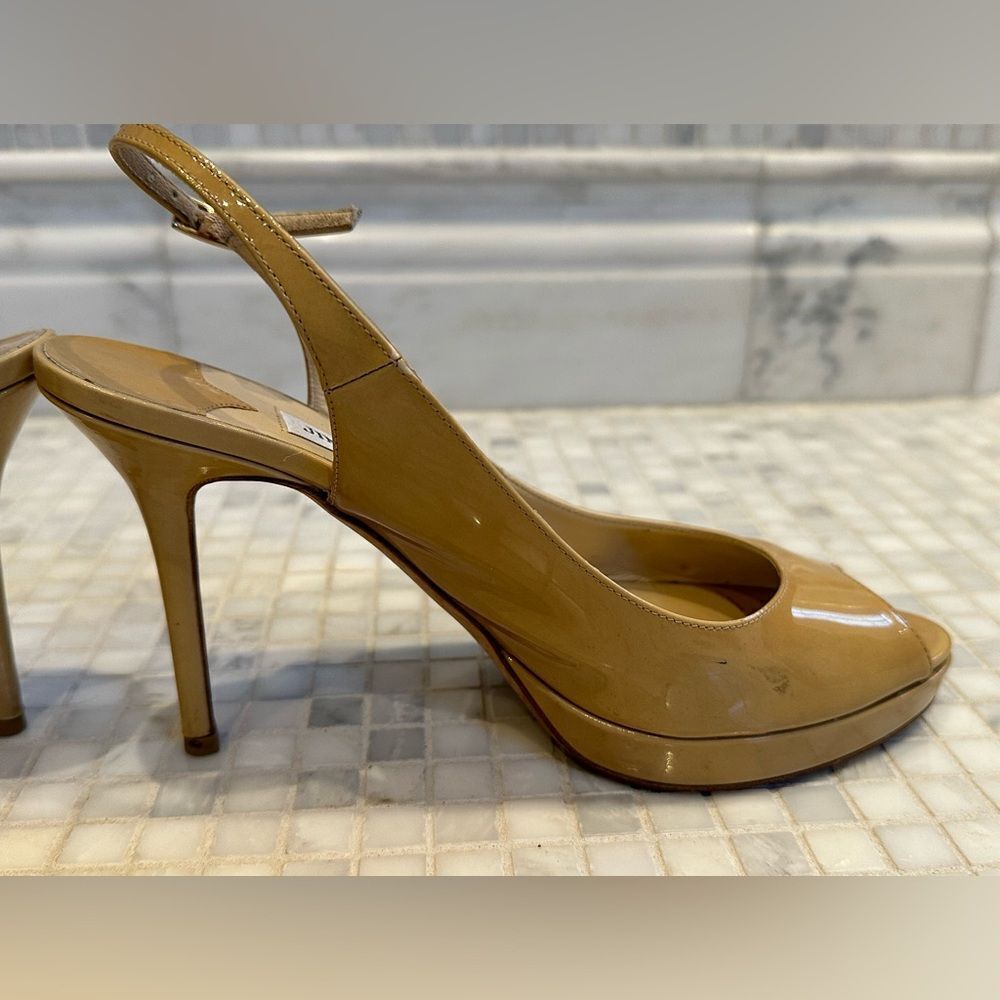 Jimmy Choo Women Peep Toe Nude Patent Leather Platform Slingback Heels - Picture 9 of 14